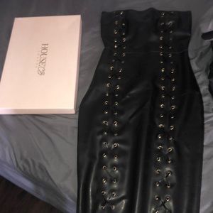 Black strapless latex dress